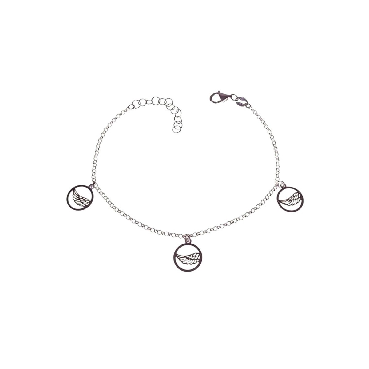 Pulsera plata Ley 925m mujer 17 cm. rolo combinada círculos calados colgantes 10 mm. alas mosquetón