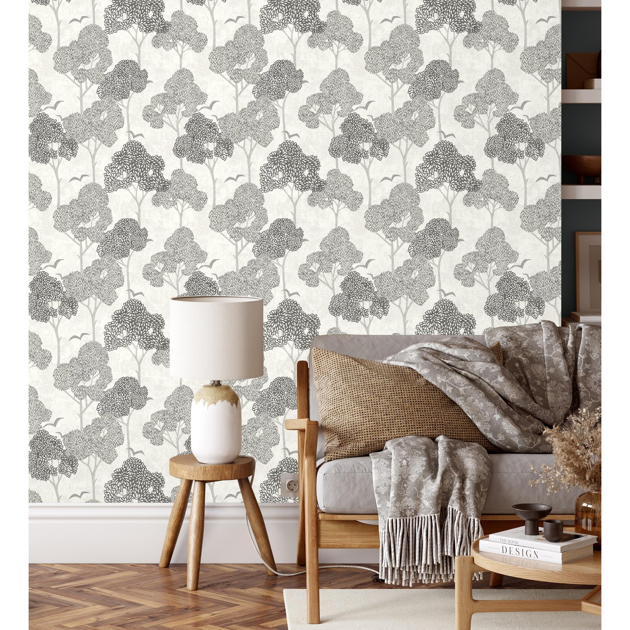 Papel pintado vinílico ecológico de árboles color gris y pájaros con efecto texturizado - Central Park 682078 de GAULAN - Rollo de 10 m x 0,52 m