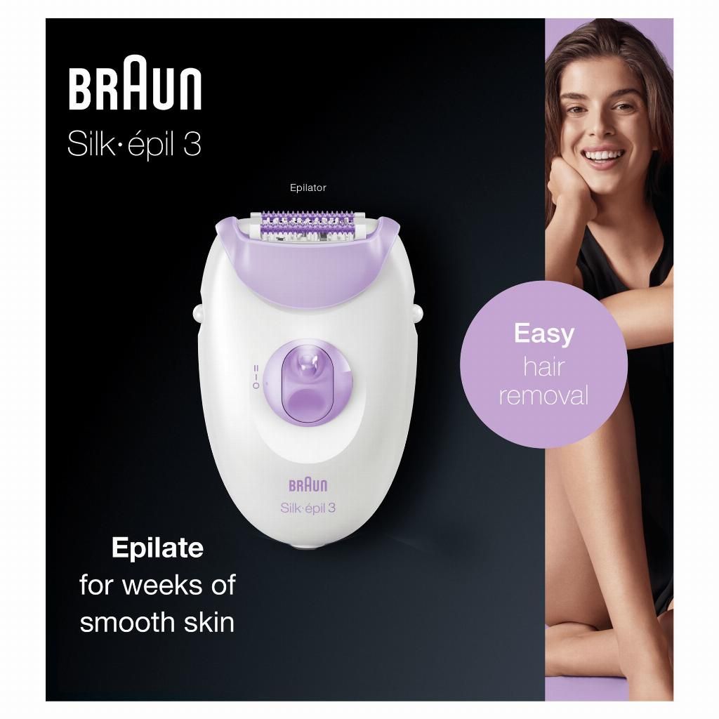Braun - Braun Silk-épil 3 3-170 - Depiladora eléctrica mujer para una depilación duradera, sistema de 20 pinzas, luz smartlight, rodillos de masaje, Blanca/Morada
