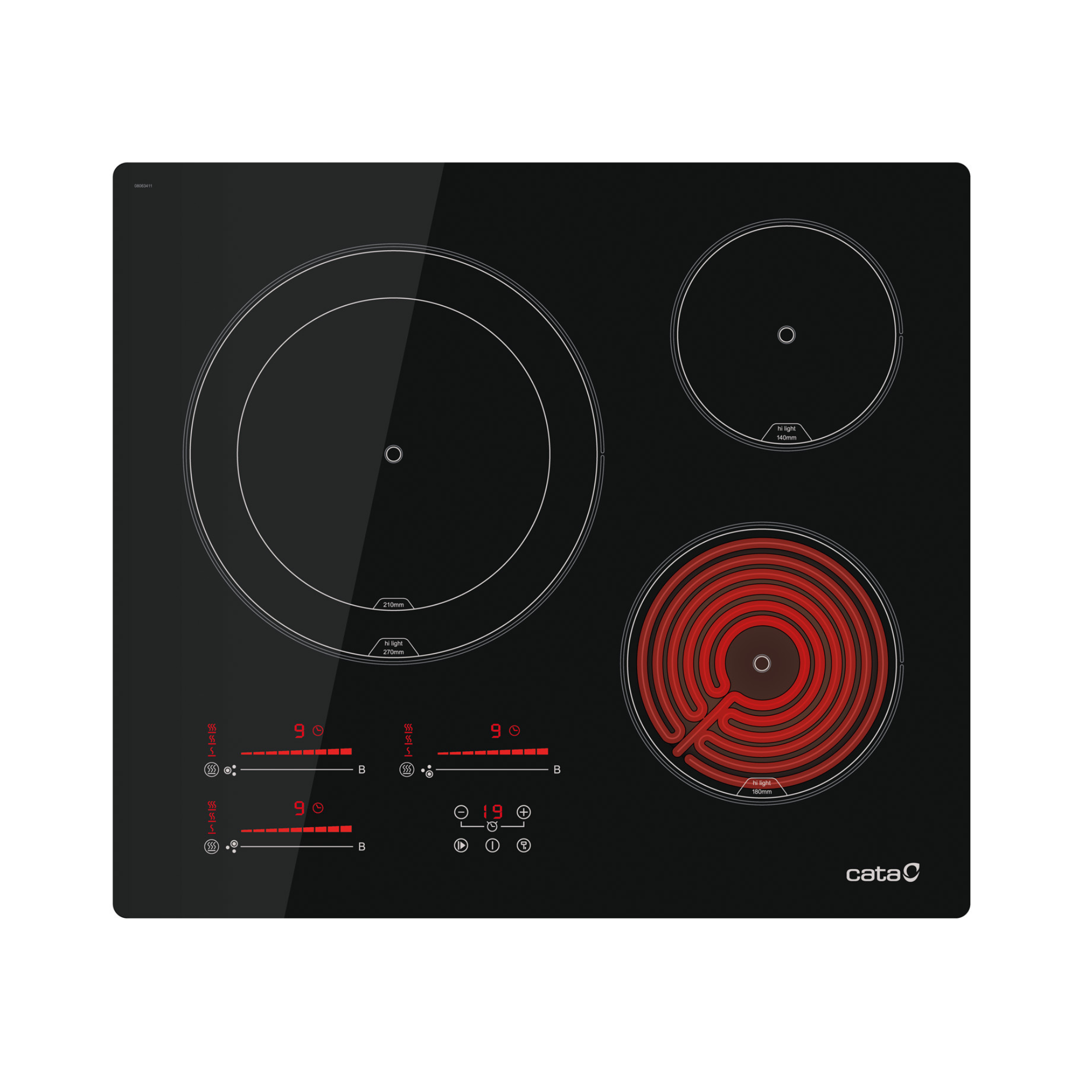Cata Placa Vitrocerámica 3 Zonas Cocción High Light Control Táctil deslizante independiente para cada zona Potencia 5,4Kw 9 niveles de potencia regulables Alarma de cuenta atrás Bloqueo de seguridad Indicador de calor residual Ancho 59 cm Color Negro
