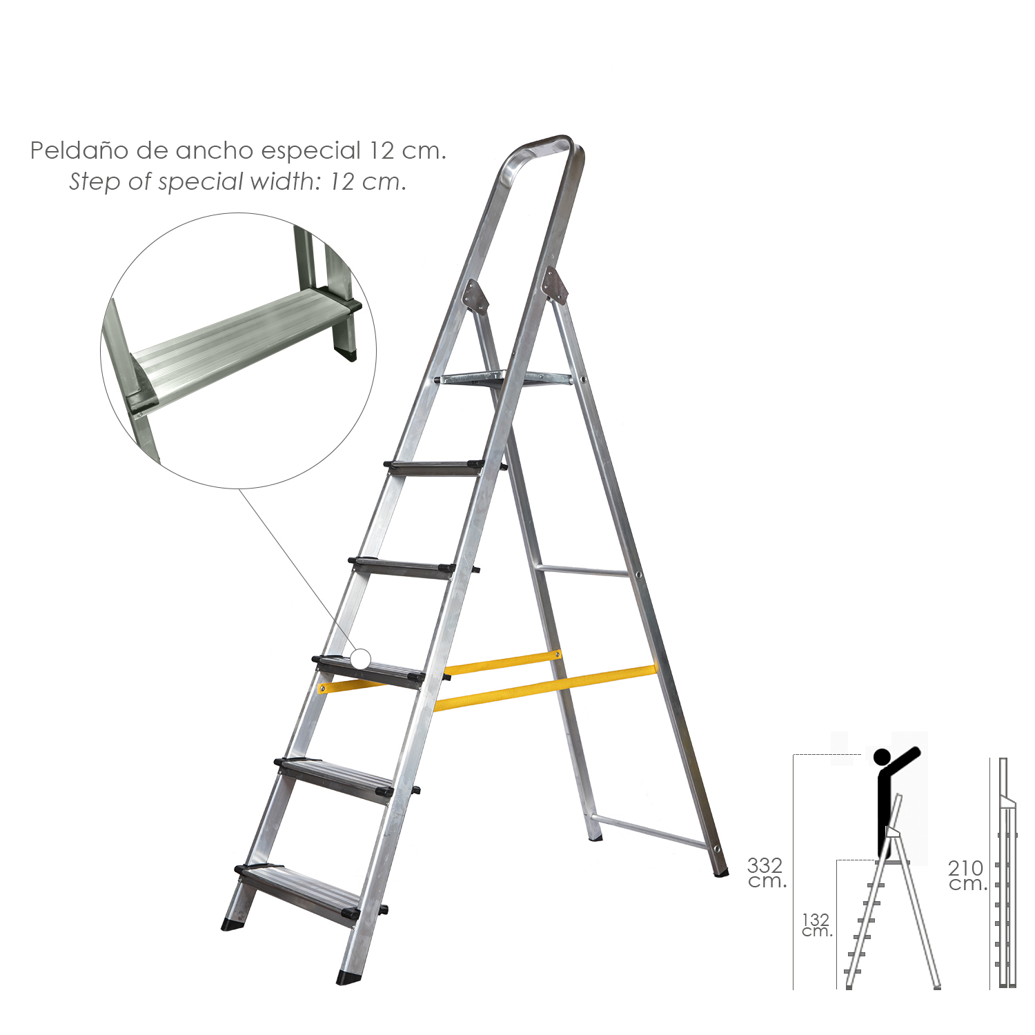 SANCO STORE - WOLFPACK LINEA PROFESIONAL Escalera Doméstica Aluminio Profesional 6 Peldaños 12 cm Grosor.