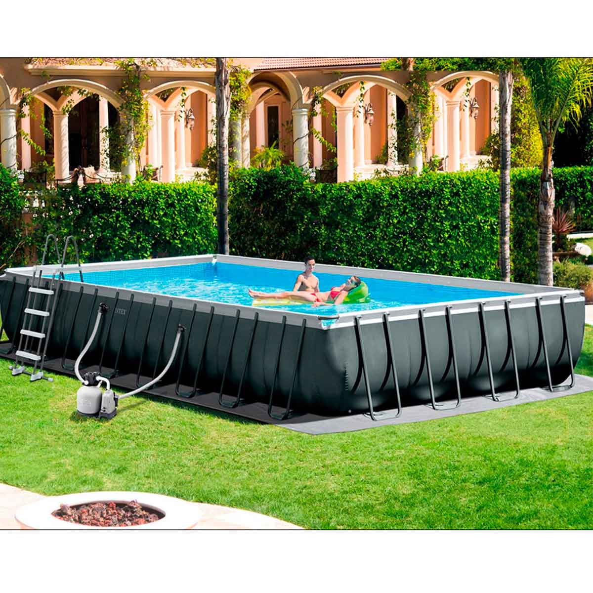 Pack piscina ultra XTR Intex 56368L + depuradora + escalera + clorador + cobertor + kit de mantenimiento + set voley gris 132x488x975 cm