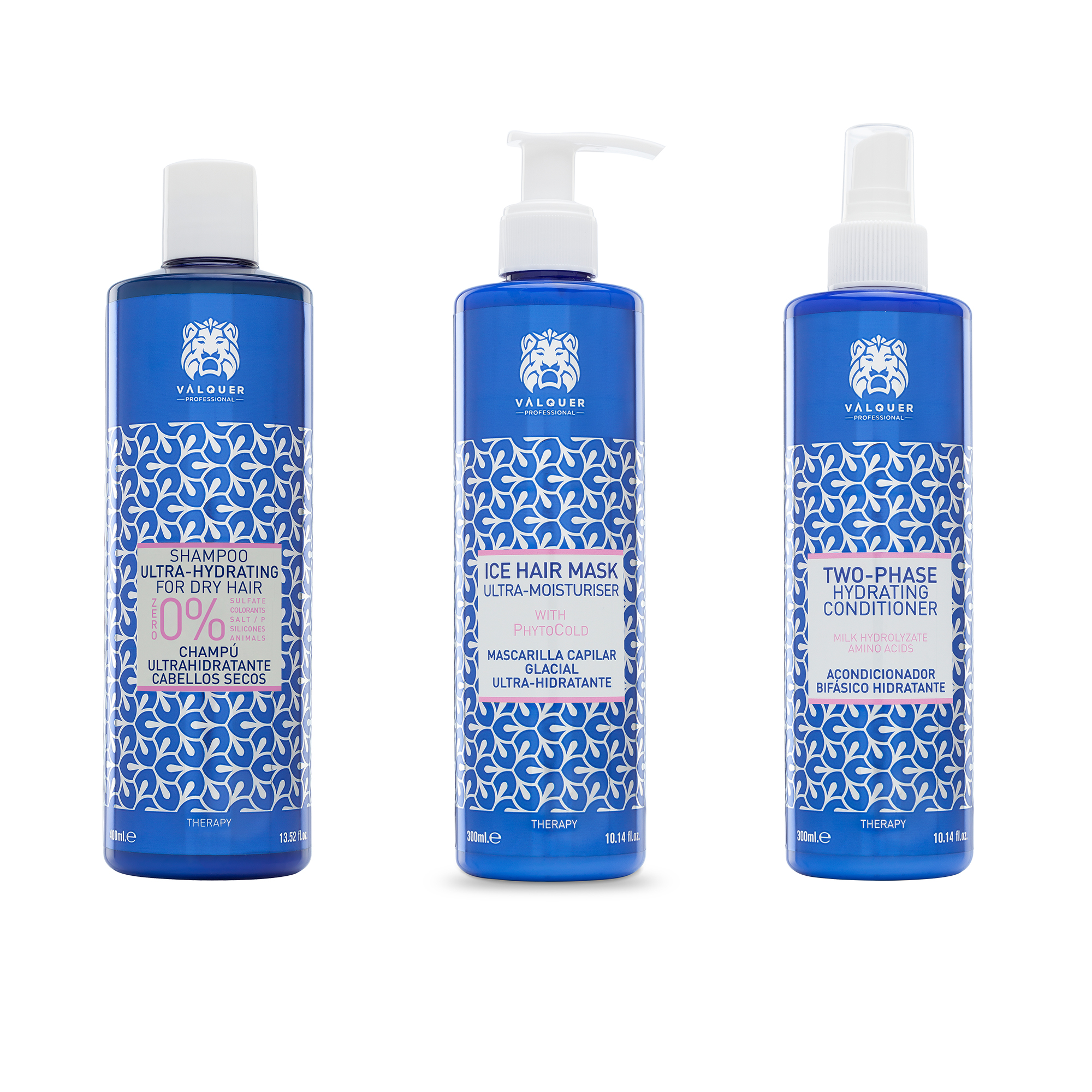 Valquer Pack Ultrahidratante Champú, ice hair mask y acondicionador bifásico. Un tratamiento exclusivo con una fórmula delicada y diseñada por Valquer Laboratorios, para reavivar e hidratar hasta los cabellos más difíciles y exigentes. 100% vegano.
