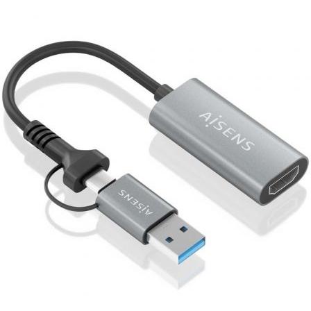 Conversor HDMI Aisens A109-0913/ USB + USB Tipo-C 3.1 Macho - HDMI Macho/ 15cm/ Gris