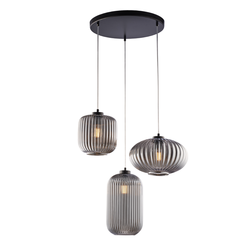 Glamour - Lámpara colgante negra con cristal espejo gris decorado y cables orientables, 3 luces - Belight