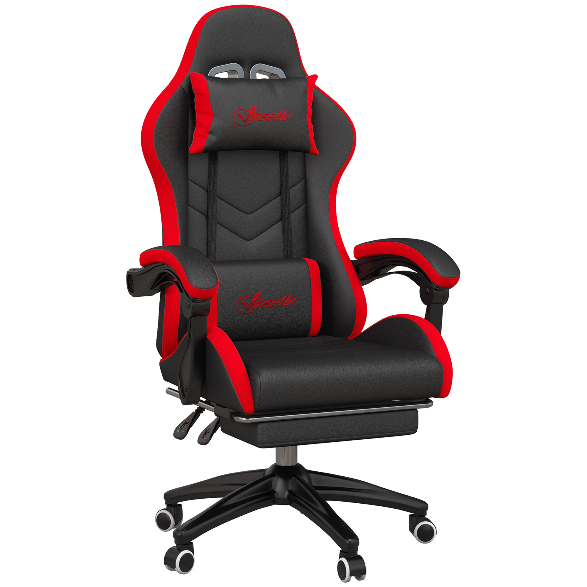 Vinsetto Silla Gaming Ergonómica, Silla Gamer de Cuero PU con Reclinable 135°, Soporte Lumbar, Altura Ajustable, Reposacabezas y Reposapiés Retráctil, para Oficina, Estudio, Negro y Rojo