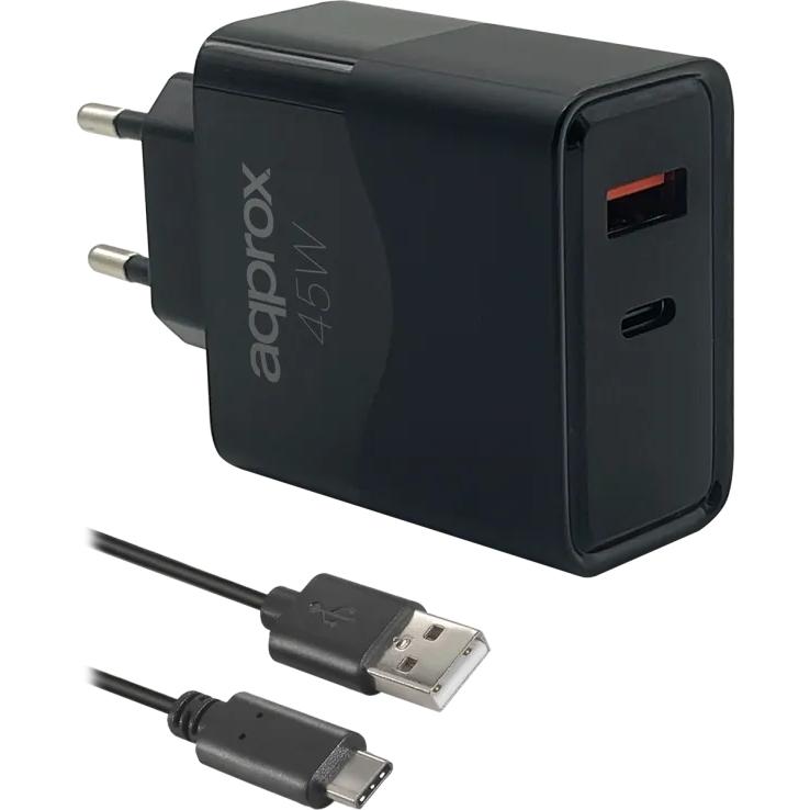 Cargador usb de viaje/pared 1xusb/usb-c + cable usb-a a usb-c 45w negro approx