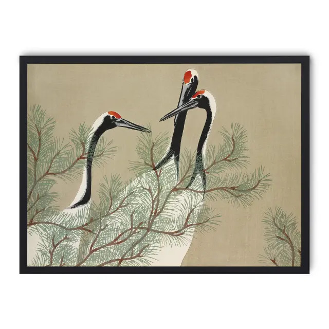 Cuadro cranes in branches 30x40cm, Póster impreso en papel de primera calidad de 180gr, montado sobre marco de madera MDF acabado en negro., Arte - Japonés