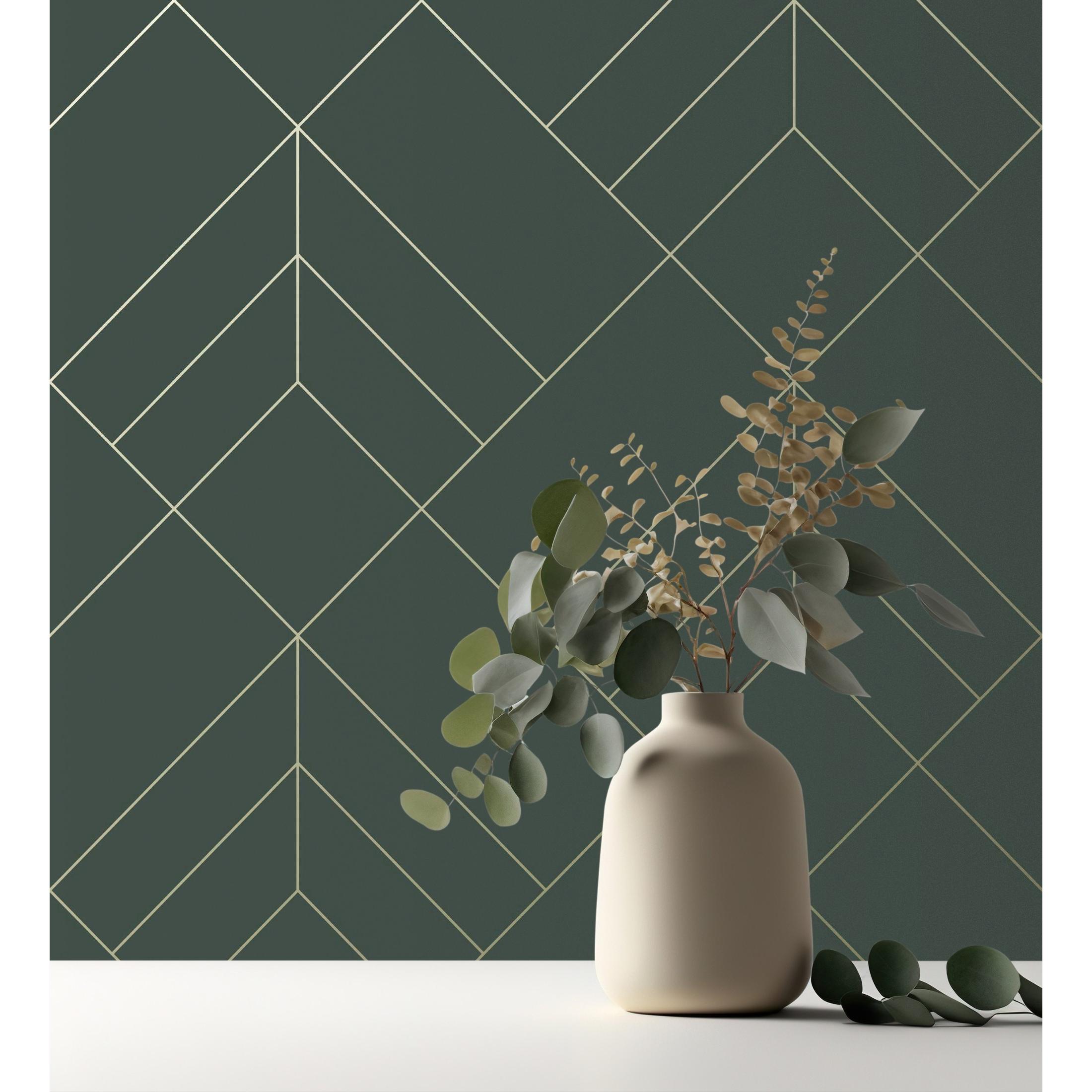 Papel pintado geométrico de rombos con líneas doradas fondo verde estilo Art déco - Arnova 682087 de GAULAN - Rollo de 10 m x 0,52 m