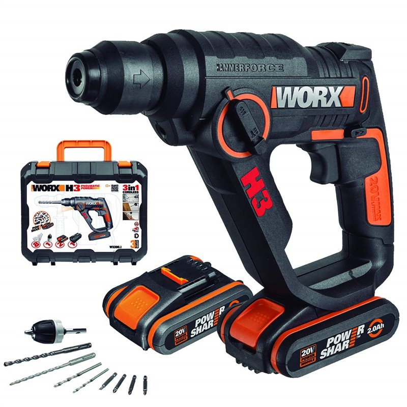 WX390.1 Worx H3 – 3 en 1 – Martillo, Taladro, Atornillador 20V 2.0Ah 2 bat.