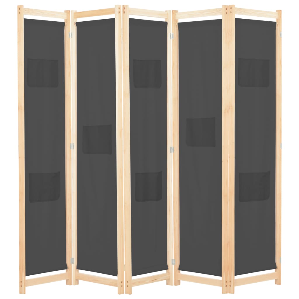 vidaXL Biombo divisor 5 paneles de tela gris 200x170x4 cm