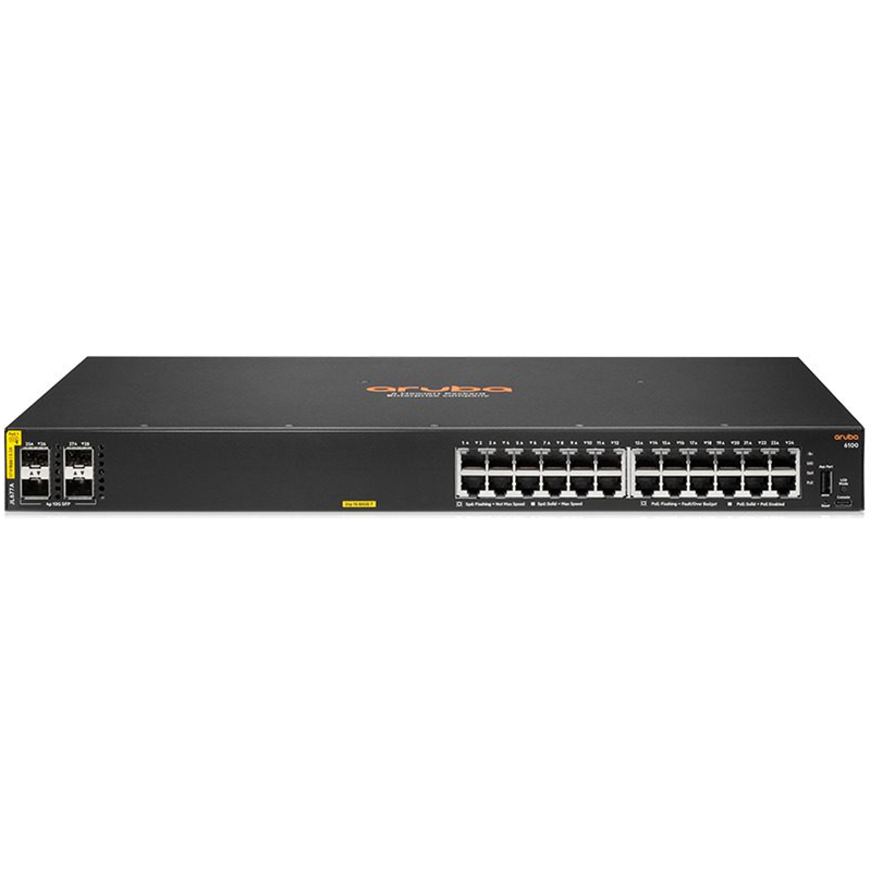 Conmutador HPE Aruba 6100 24G PoE 370W L3 gestionado + 4x1/10 Gigabit SFP+ flujo de aire lateral (JL677A)