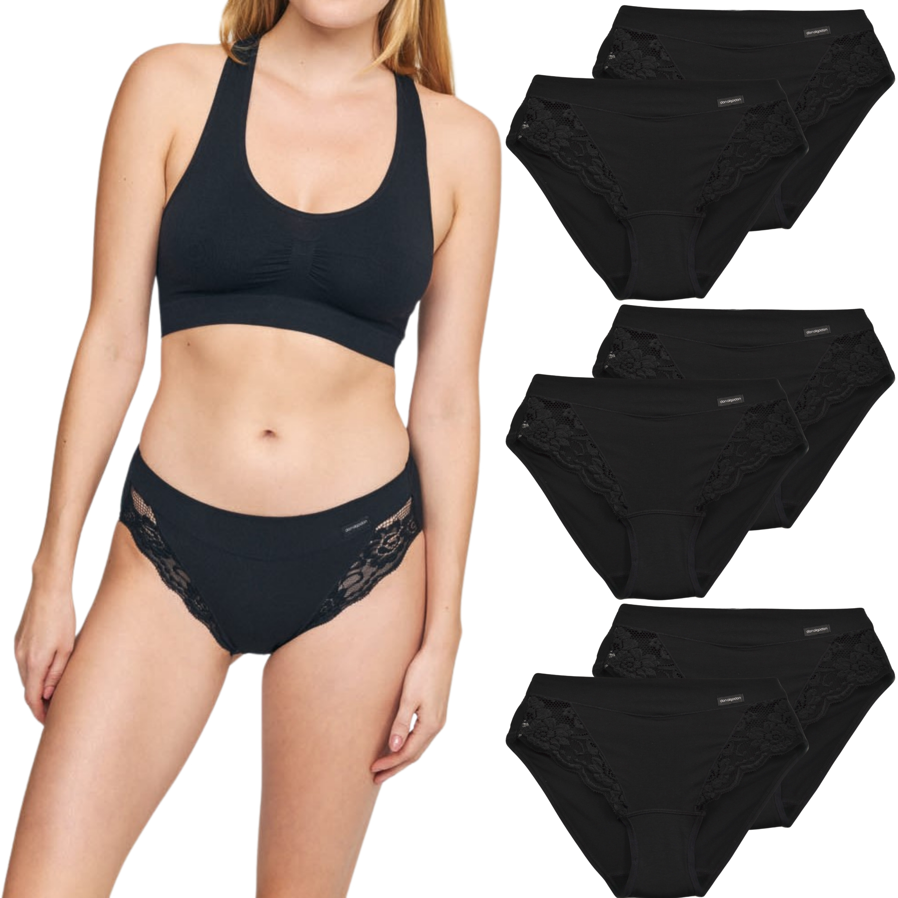 DON ALGODON | Pack de 6 Braguitas Bikini | en 1 o 3 Colores: Negro, Beige, Blanco | 93% Algodon | Encaje lateral Elegante y Cómodo
