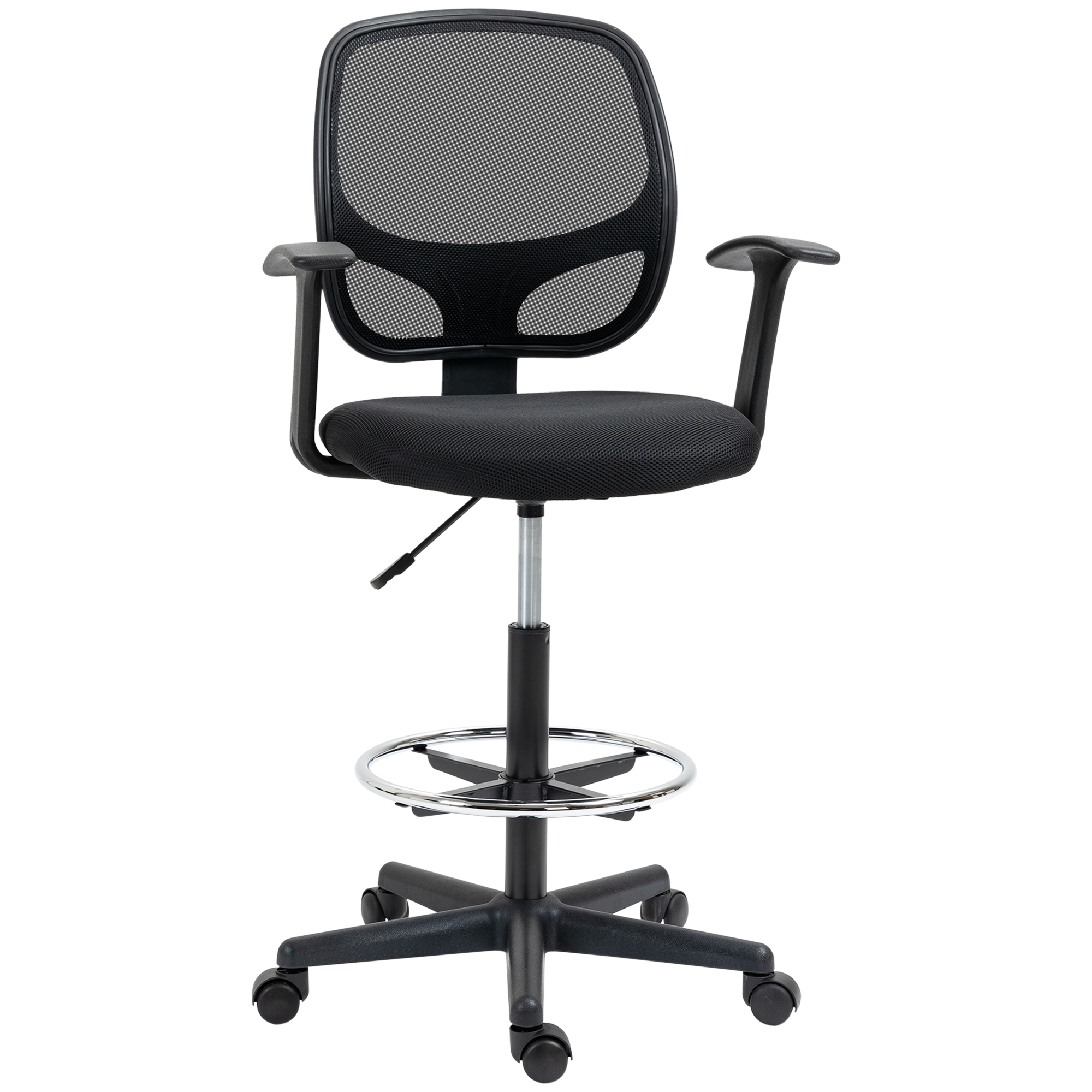 Vinsetto Silla de Trabajo Silla de Oficina de Malla Silla de Escritorio Ergonómica Silla de Dibujo con Anillo de Pie Ajustable Silla Giratoria de Altura Regulable con Ruedas para Estudio Negro 60 x 56 x 110-132 cm