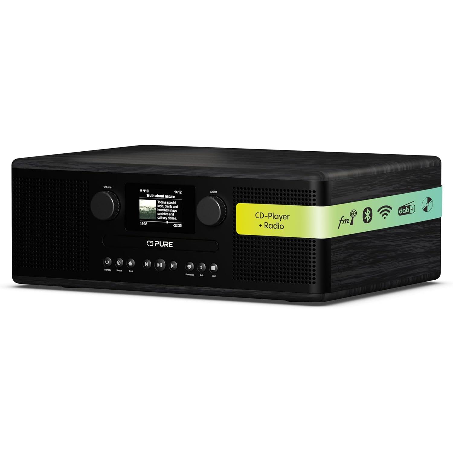 Pure - Sistema de Música Clásico y Moderno Pure Classic C-D6i Negro/Ceniza con Reproductor CD, Radio DAB+/FM, Internet por WiFi, Spotify Connect y Bluetooth 5.3 para Salón o Dormitorio