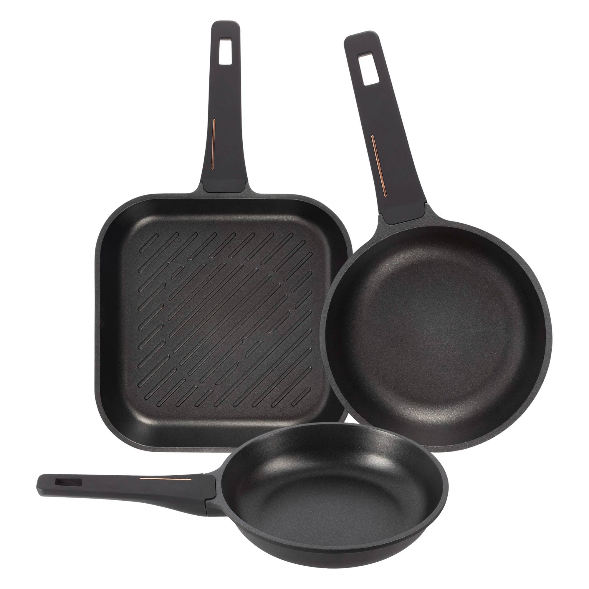 Juego de 2 Sartenes Ø20Ø24cm + Sartén Grill 28x28cm en aluminio fundido color Negro Copper Bergner