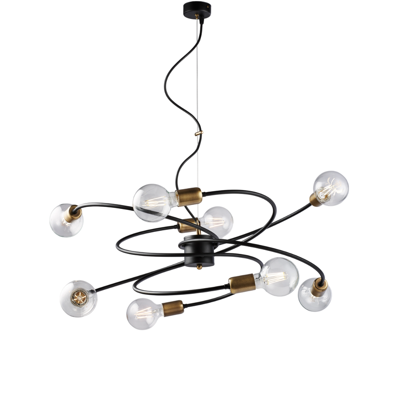 Lámpara de suspensión Vortex en hierro lacado negro con acabados en latón bruñido cepillado y cable de acero orientable 8 luces 133 Ø70 BL219-8-NR - Belight