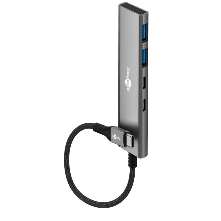 goobay Hub USB-C 4 Puertos Slim – 2X C + 2X A (USB 3.2), SuperSpeed 5Gbit/s, Carcasa de Aluminio, Compatible con MacBook, iPhone, Android, SSD, Windows/macOS/Linux, 76563