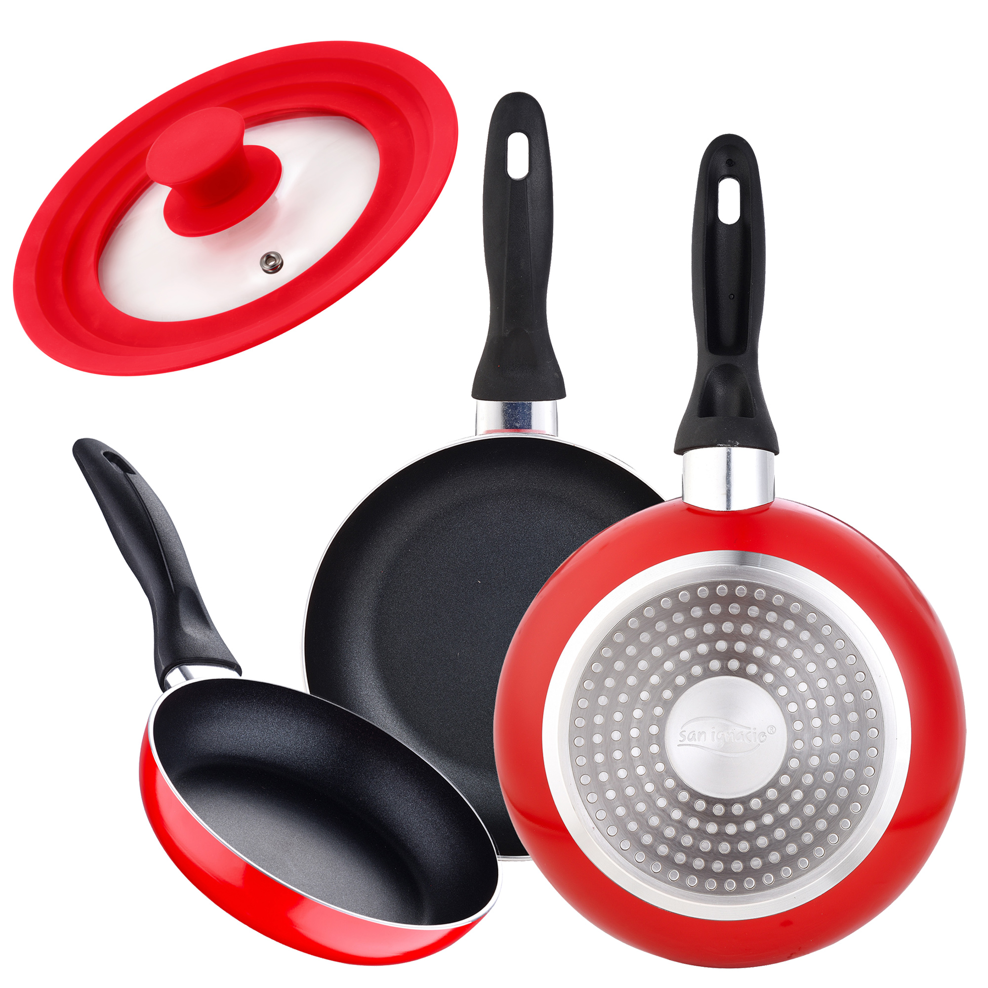Juego de 3 sartenes 16/20/24 cm, rojo, y tapa universal en rojo, aluminio prensado, inducción - SAN IGNACIO