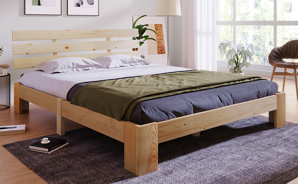 Lit double en bois massif naturel 140 x 200 cm avec tête de lit et sommier à lattes