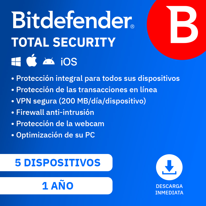 Bitdefender Total Security (5 dispositivos - 1 año - PC/Mac/Móvil - Formato Digital)