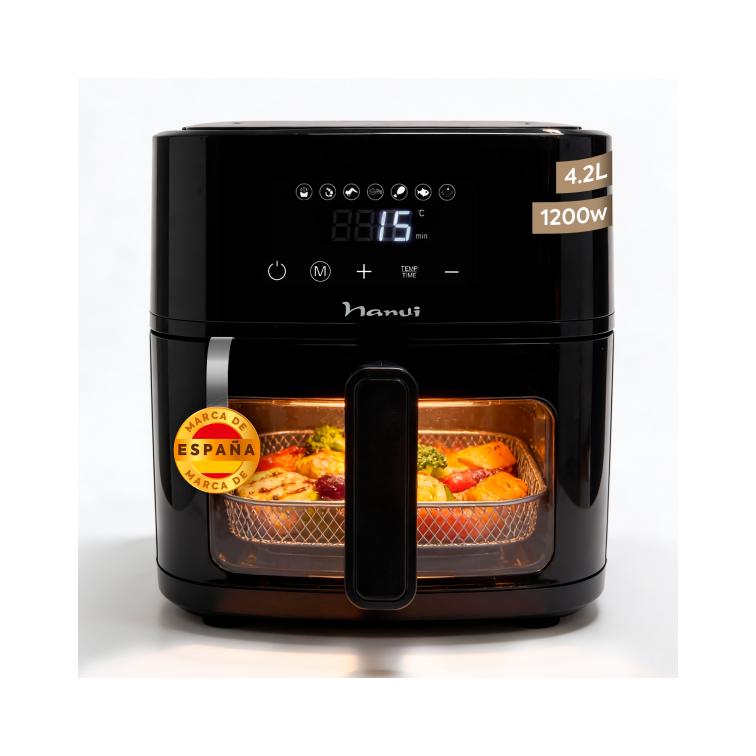 NARVI Freidora de Aire, sin Aceite, Capacidad de 4,2L, Potencia de 1200W, Cocción uniforme 360º, Temperatura 80-200°C, Temporizador 60min y 7 Menús Automáticos. Con panel digital táctil. Ref. NF21