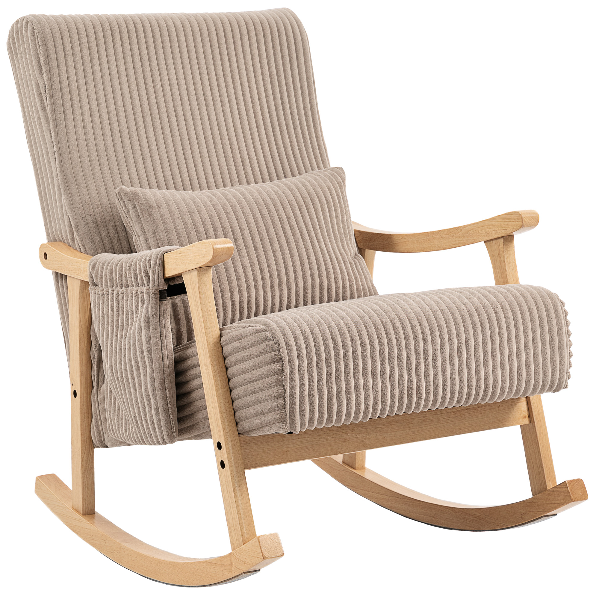 HOMCOM Silla Mecedora, Mecedora de Pana con Cojín Lumbar, Patas y Reposabrazos de Madera, Bolsillo, Estilo Moderno, Sillón de Lactancia, Carga 120 kg, para Dormitorio, Salón