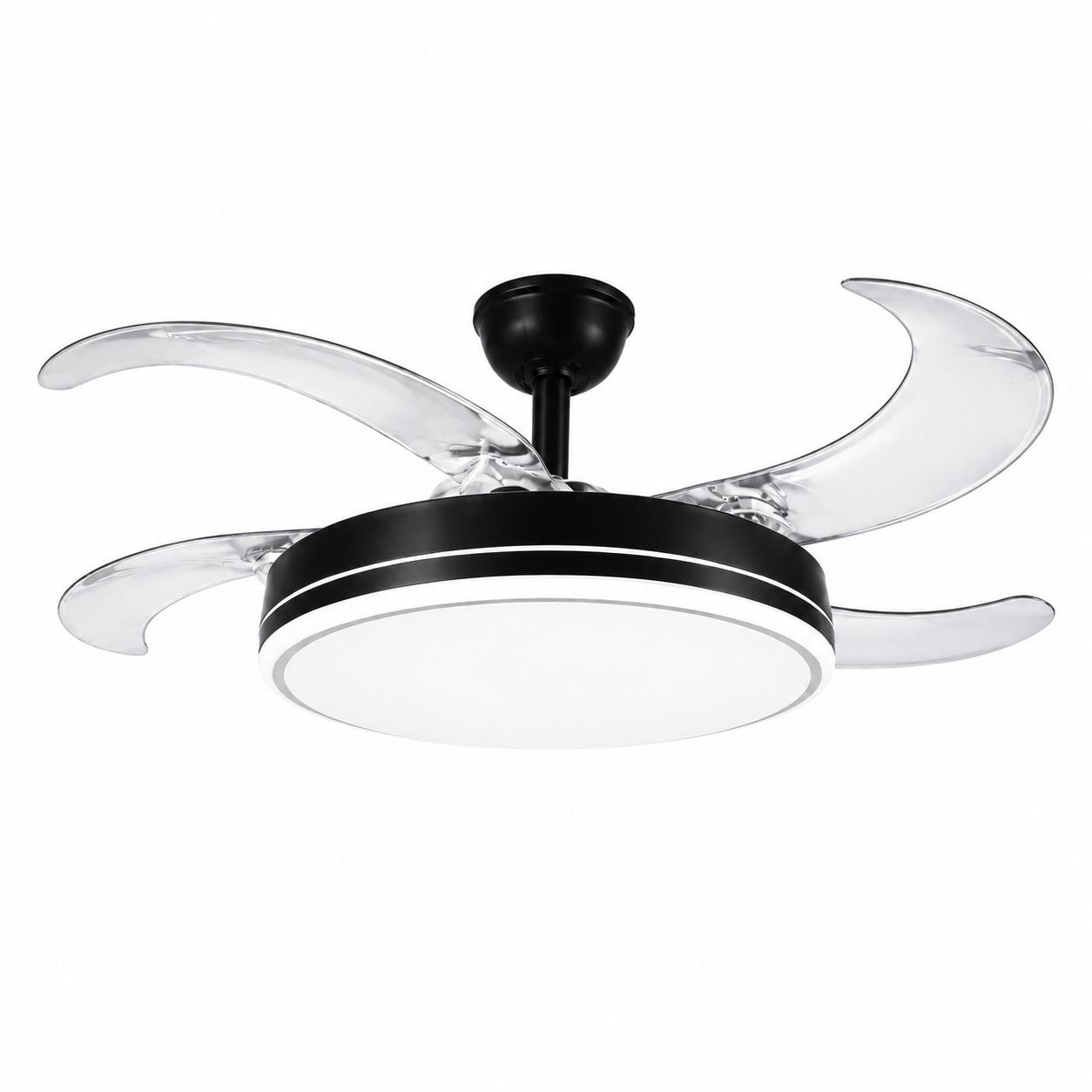 Ventilador de Techo Led  90W a 66W,  Regulable en Intensidad y en Tono de Luz  de Fria a Cálida, 4 Aspas Retráctiles, Mando a Distancia y APP para Móvil , Motor DC Ultra Silencioso, 6 Velocidades, Eficiencia Energética A
