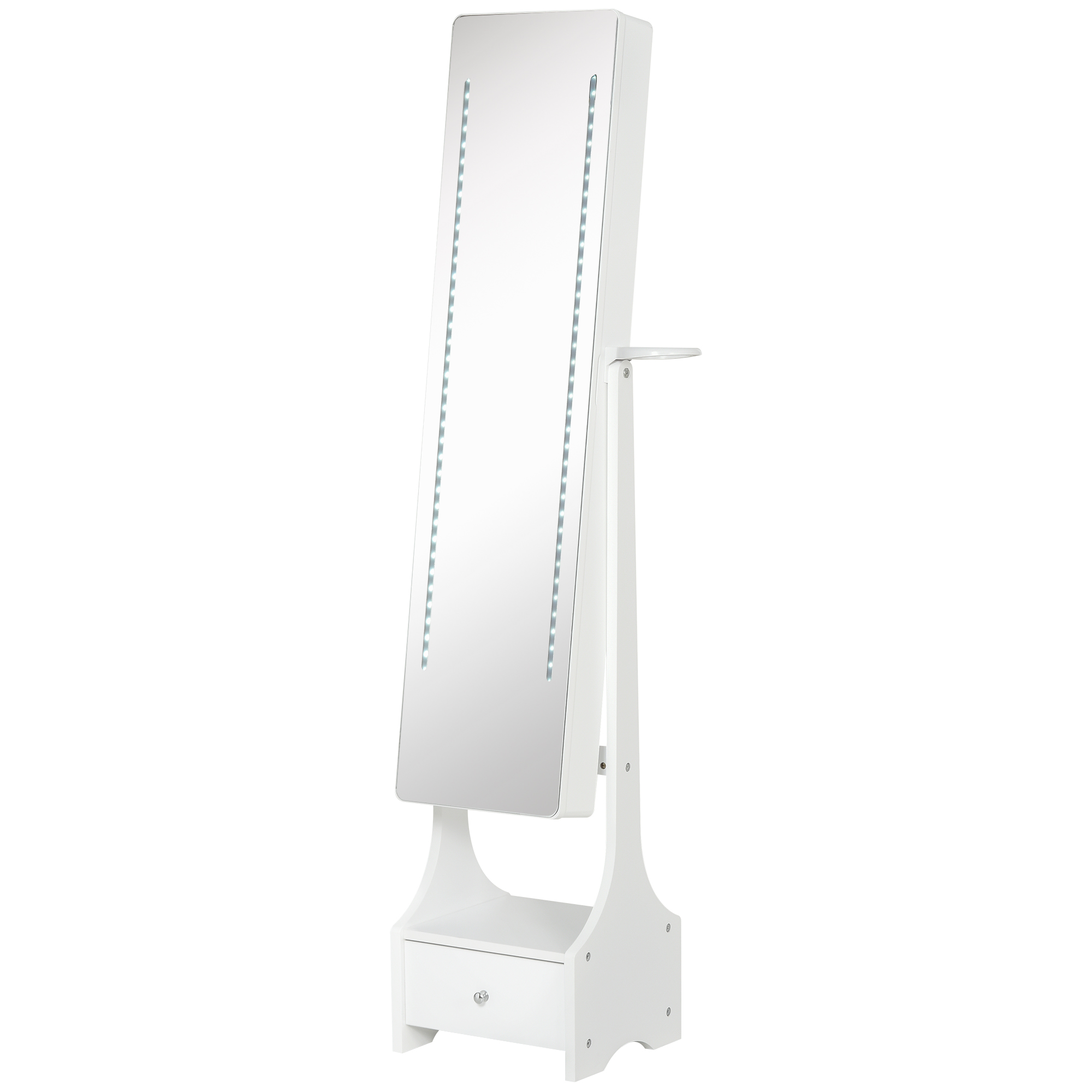 HOMCOM Espejo Joyero con Luces LED, Armario Joyero con Soporte para Secador, Espejo Entero sin Marco de Ángulo Ajustable, Cajón, Interruptor Táctil, Luces Apagado Automático, Blanco