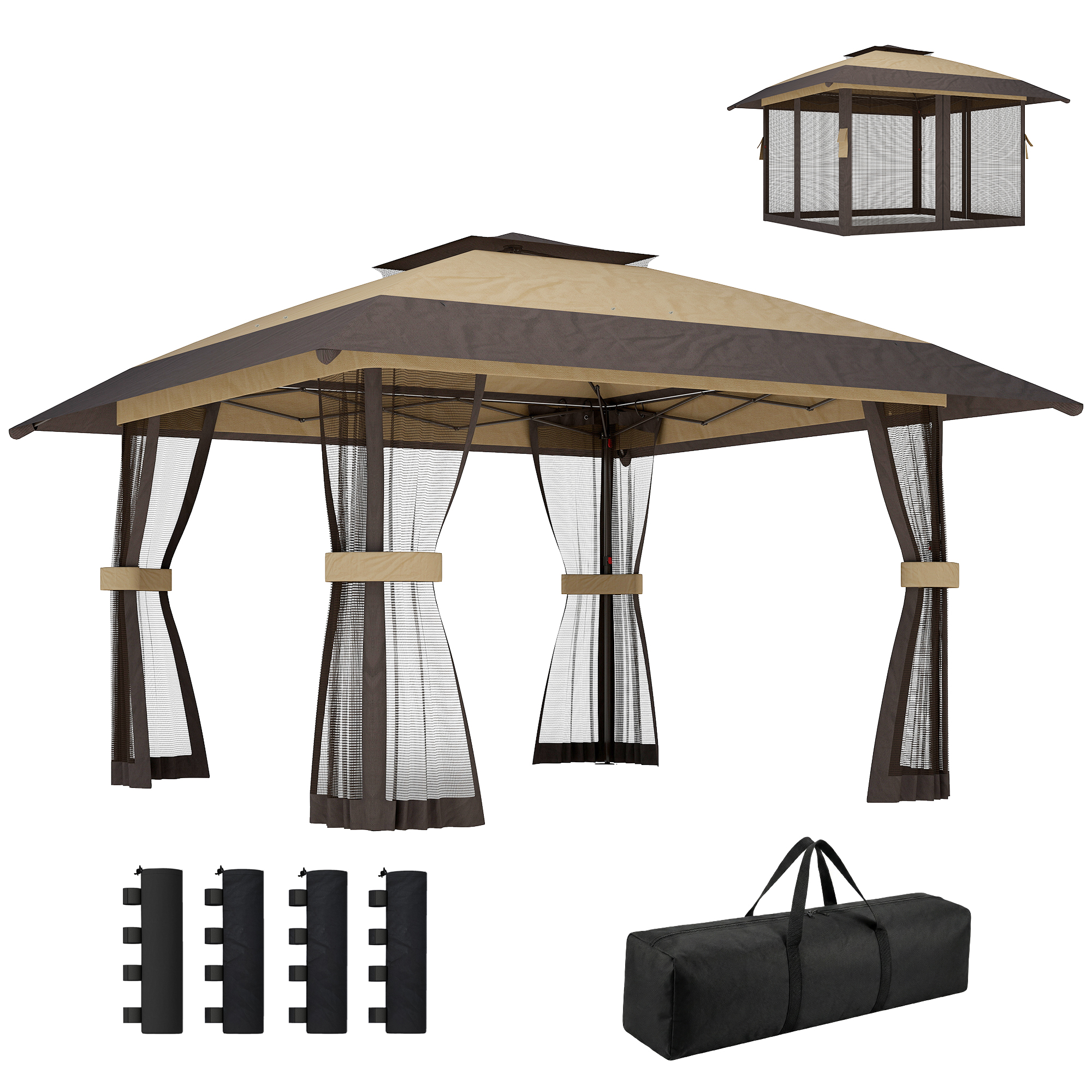Outsunny Carpa Plegable 4x4 m, Pop-up, con Doble Techo, 4 Paredes Laterales de Malla, Cenador de Jardín con Altura Ajustable 3 Niveles, Bolsa de Transporte, UPF30+, Gazebo para Camping, Fiestas, Caqui