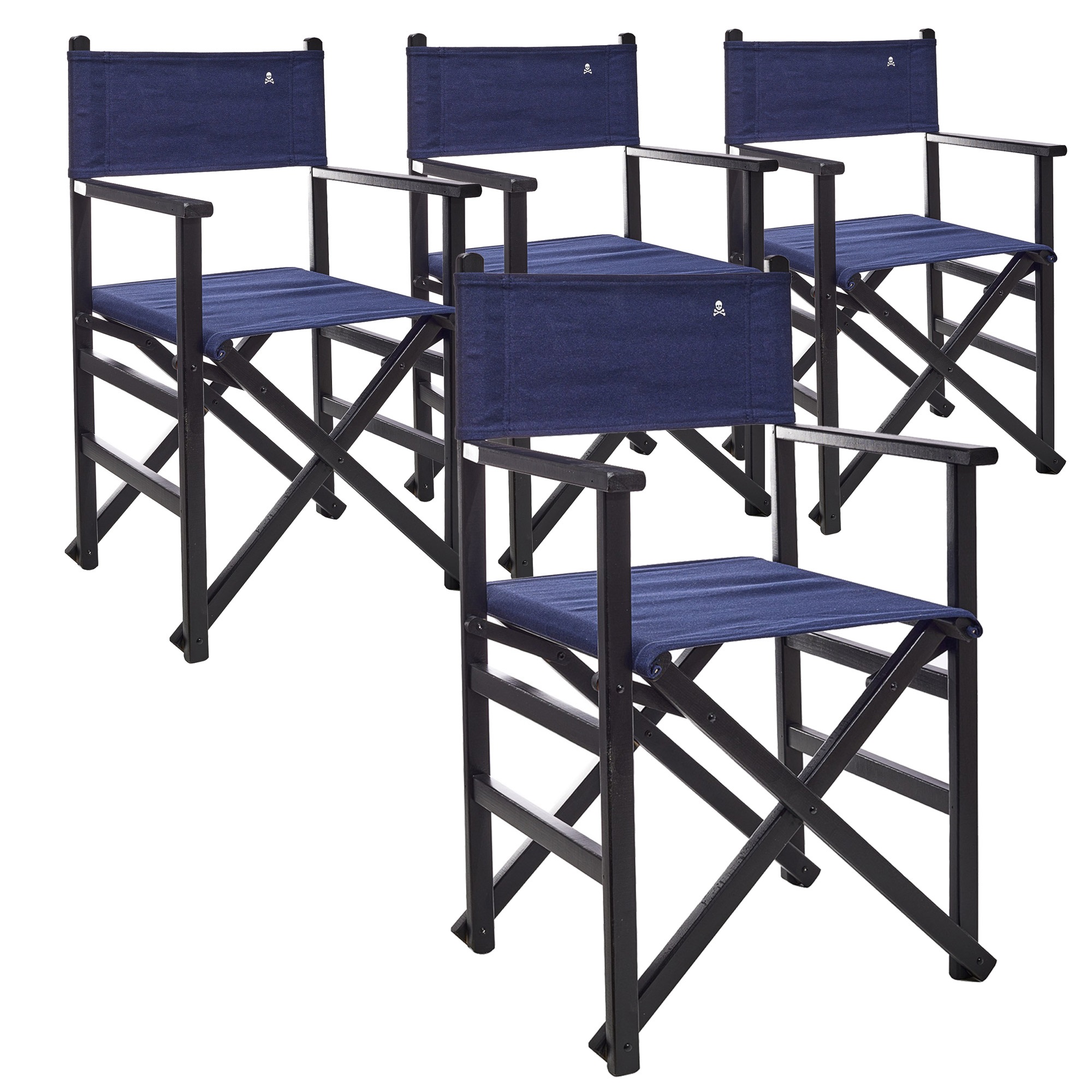 Scalpers Home Set de 4 Sillones plegables director, estructura color wengué, lona azul oscuro, madera de haya de calidad premium