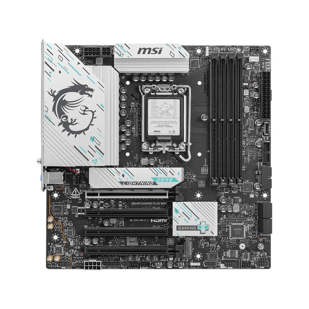 MSI - Placa Base B860M GAMING PLUS WIFI 601-7E42-02S para PC con socket LGA 1851, soporte Intel Core Ultra Series 2, DDR5 hasta 256 GB, Wi-Fi 7 y Ethernet 5Gb