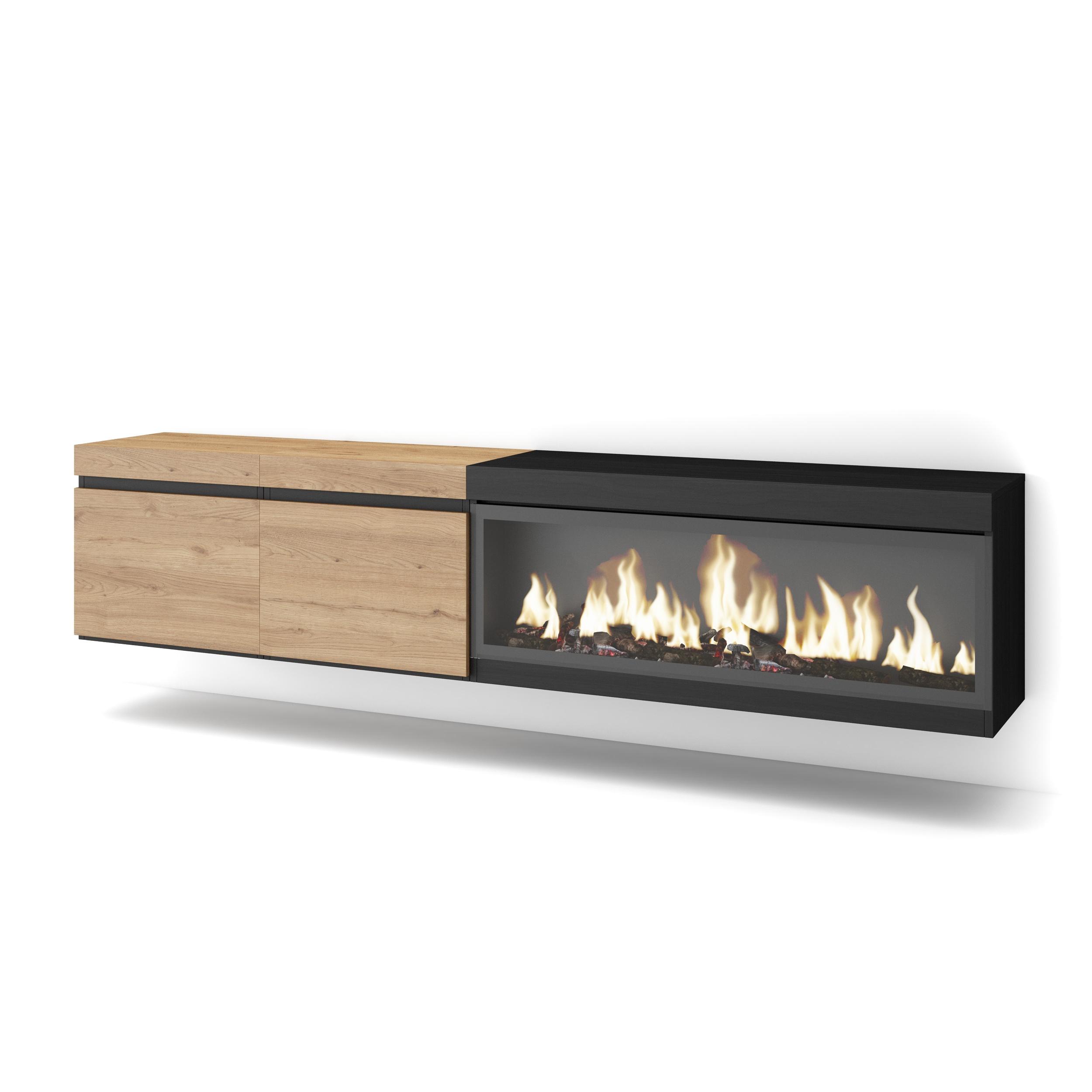 Skraut Home, Mueble Televisión, 208x35x45cm, Fuego Led XXL efecto 3D, Veteado de madera, Tacto poroso de alta calidad