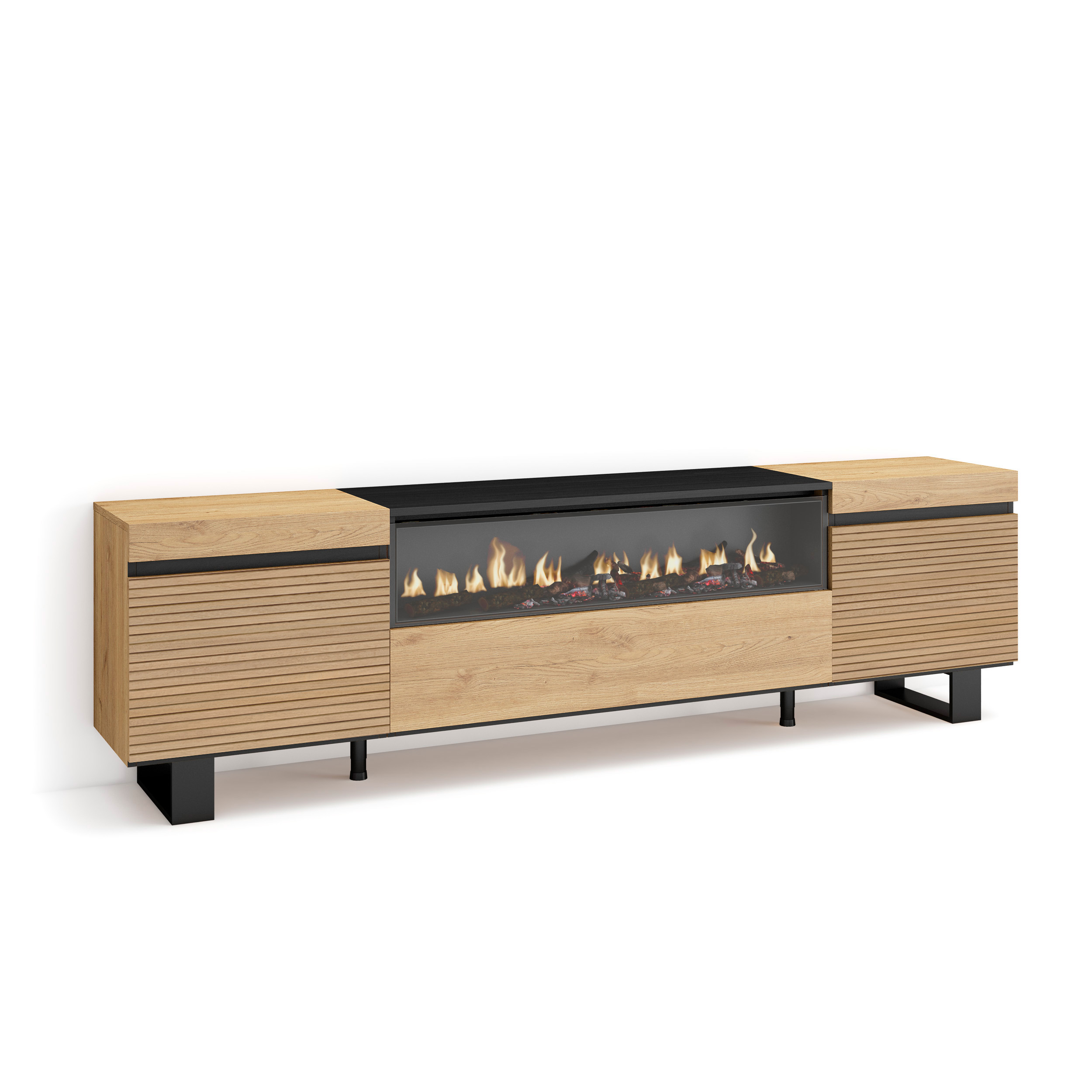 Skraut Home - Mueble TV, Televisión, Muebles de salón, almacenaje, 200x35x57cm, Para TV hasta 80", Chimenea eléctrica, Diseño industrial, Estilo Moderno, Color Roble