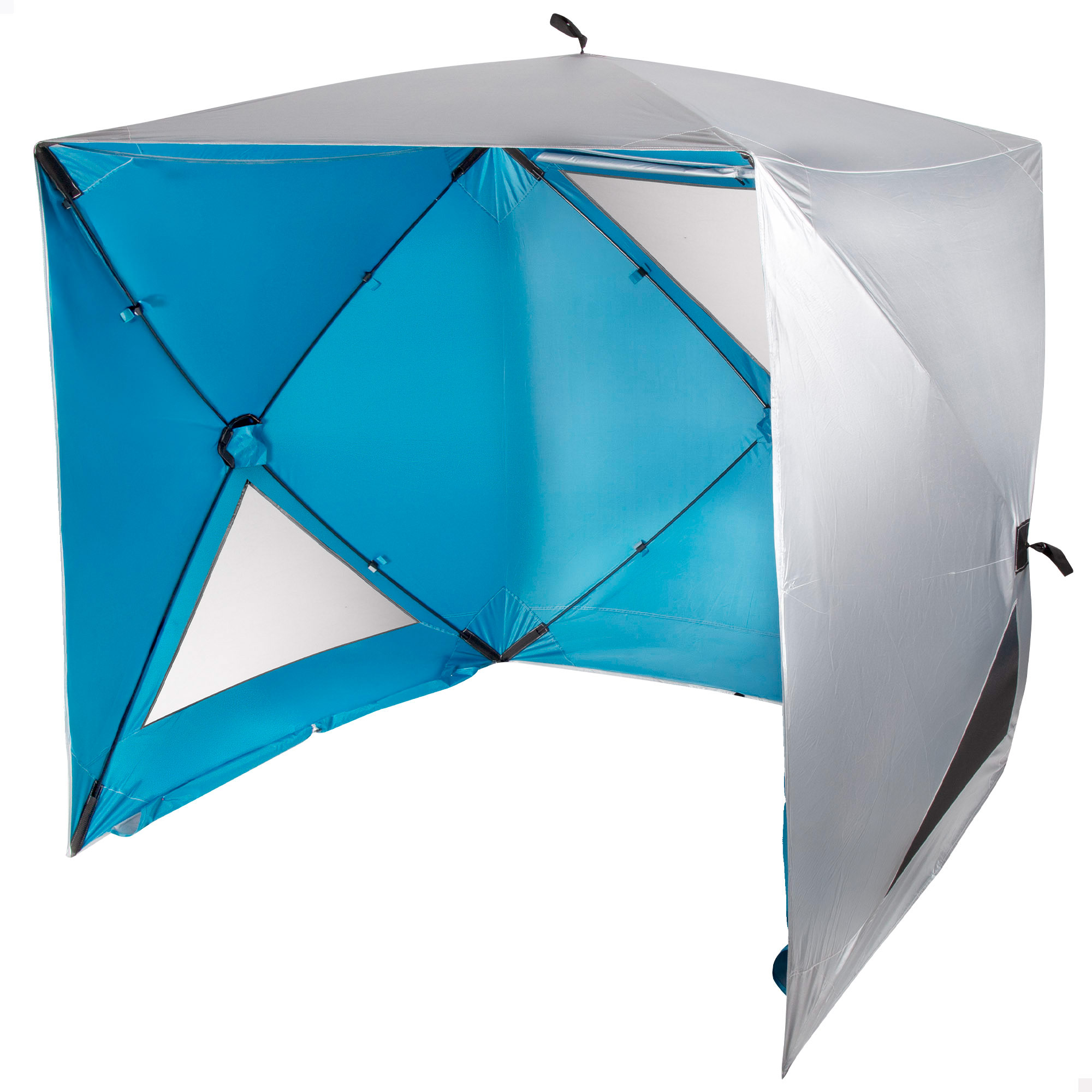 Aktive - Paravientos playa plegable, sistema pop up, color azul, 165x165x183 cm, tejido poliéster, revestimiento interior plateado, protección UV50, 16 varillas fibra de vidrio, incluye 6 piquetas, bolsa transporte, toldo para playa plegable