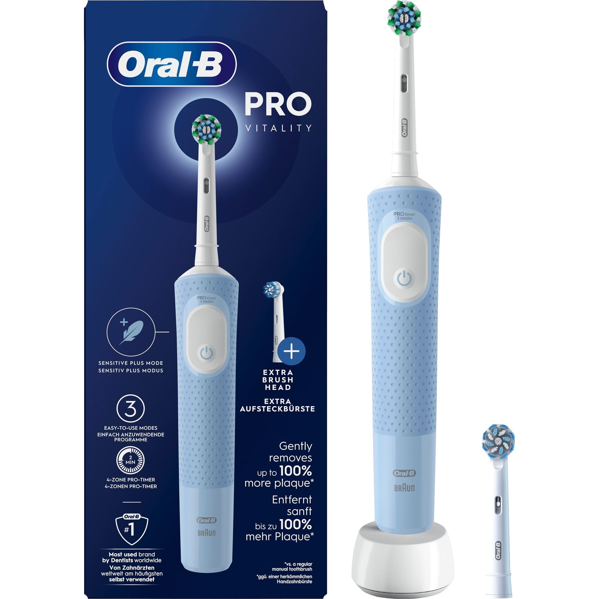 Cepillo eléctrico dientes Oral-B Vitality PRO_ cepillo dental oscilante_ recargable_ 3 Modos Limpieza: Limpieza diaria_ Sensible y Sensible Plus_ temporizador 2 min_ adulto_ color negro_ morado y azul