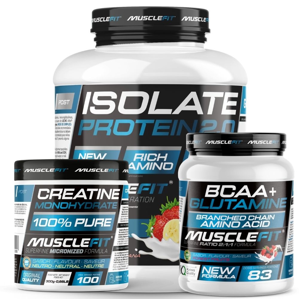 MUSCLEFIT Pack Súper Ahorro Proteína ISO 2kg + Glutamina + BCAA 500g + Creatina Monohidrato 300g