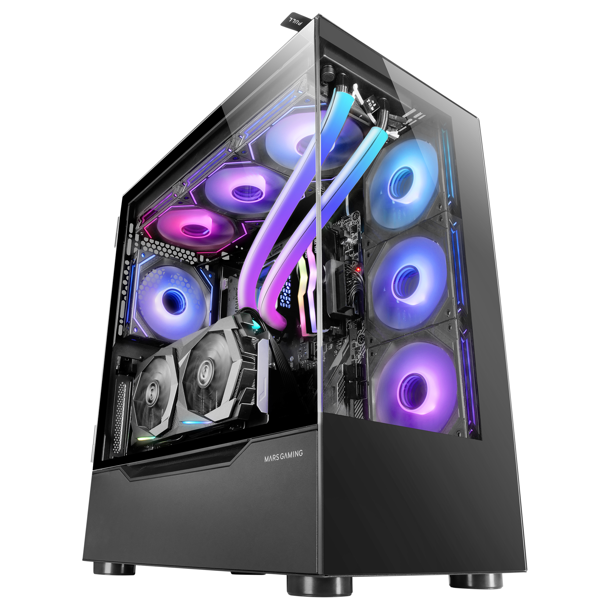 Mars Gaming MC-ULT, Caja Gaming Custom XXL E-ATX, Doble Cristal Templado 90º Sin Marco + Puerta Lateral, Soporte Completo Refrigeración Líquida, Torre PC con Diseño de Cámara Dual Vertical, Caja Ordenador en Negro o Blanco