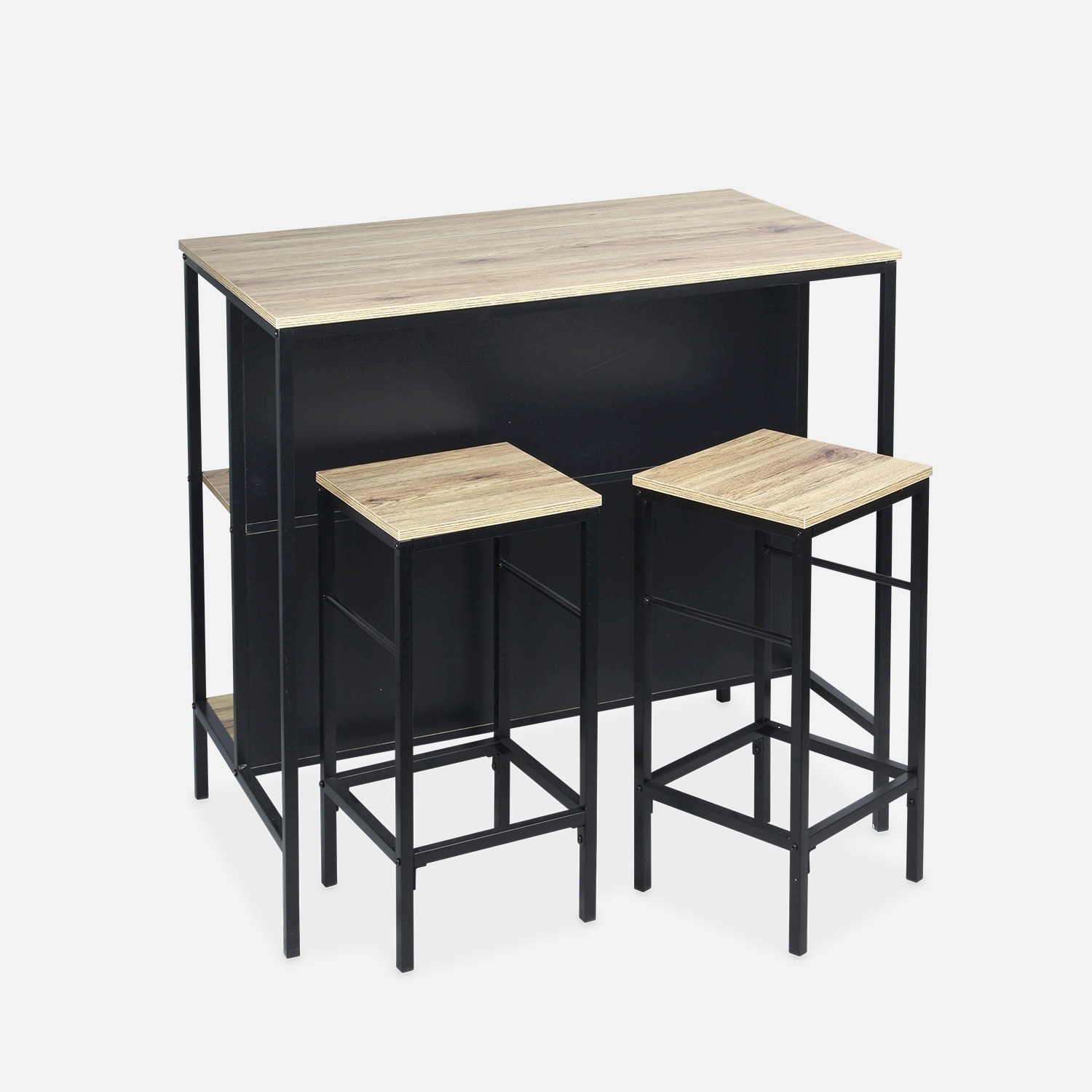 sweeek - Mesa alta de madera y metal, 2 estantes, 2 taburetes , Loft , 100x60x95