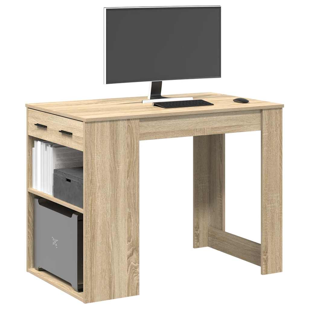vidaXL Escritorio con cajón y estante madera contrachapada roble en color Negro/Gris sonoma/Madera antigua y más | estructura resistente ideal para salón dormitorio o estudio