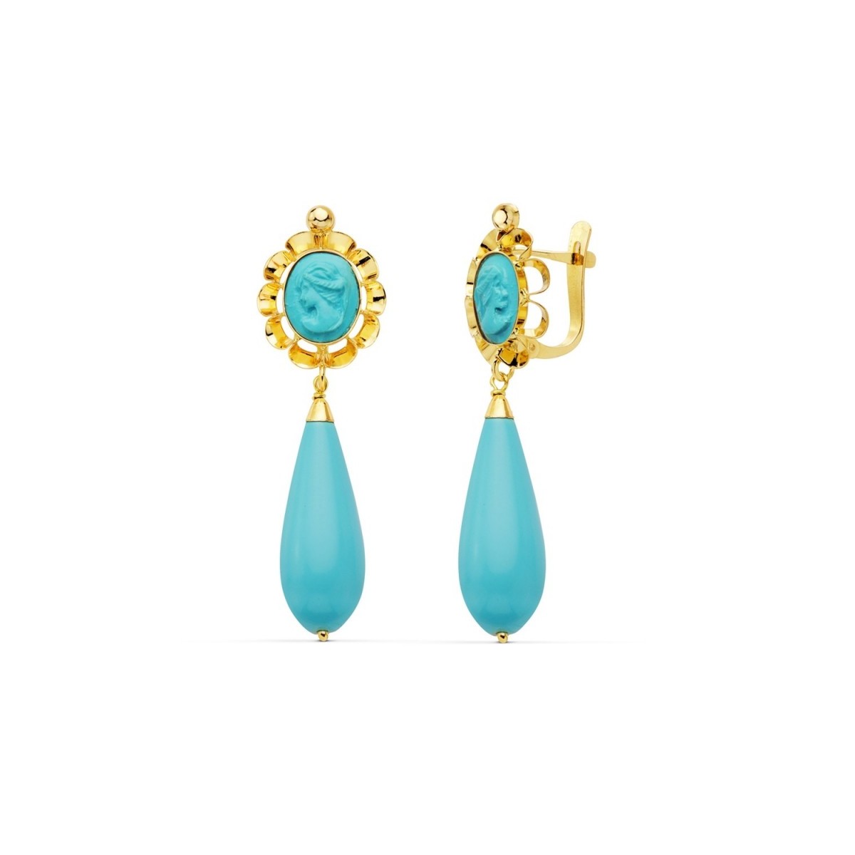 Pendientes oro 18k largos mujer 47mm. camafeo turquesa sintética arquillo cierre catalán