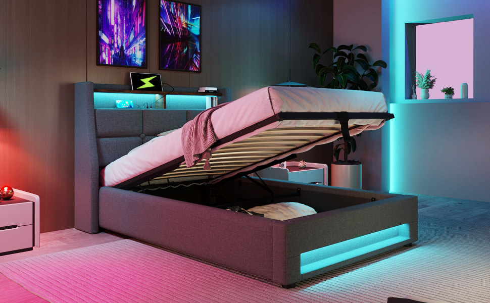 Lit simple rembourré gris 90 x 200 cm avec LED, USB, rangement et sommier à lattes