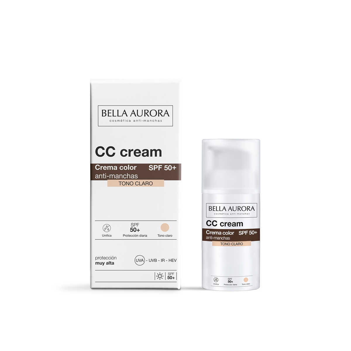 BELLA AURORA - CC Cream Antimanchas Tono Claro SPF50+ 30 ml, Protector Solar Antimanchas, Crema Color Antimanchas, para Cualquier Tipo de Piel, Crema Solar Facial de Color Claro