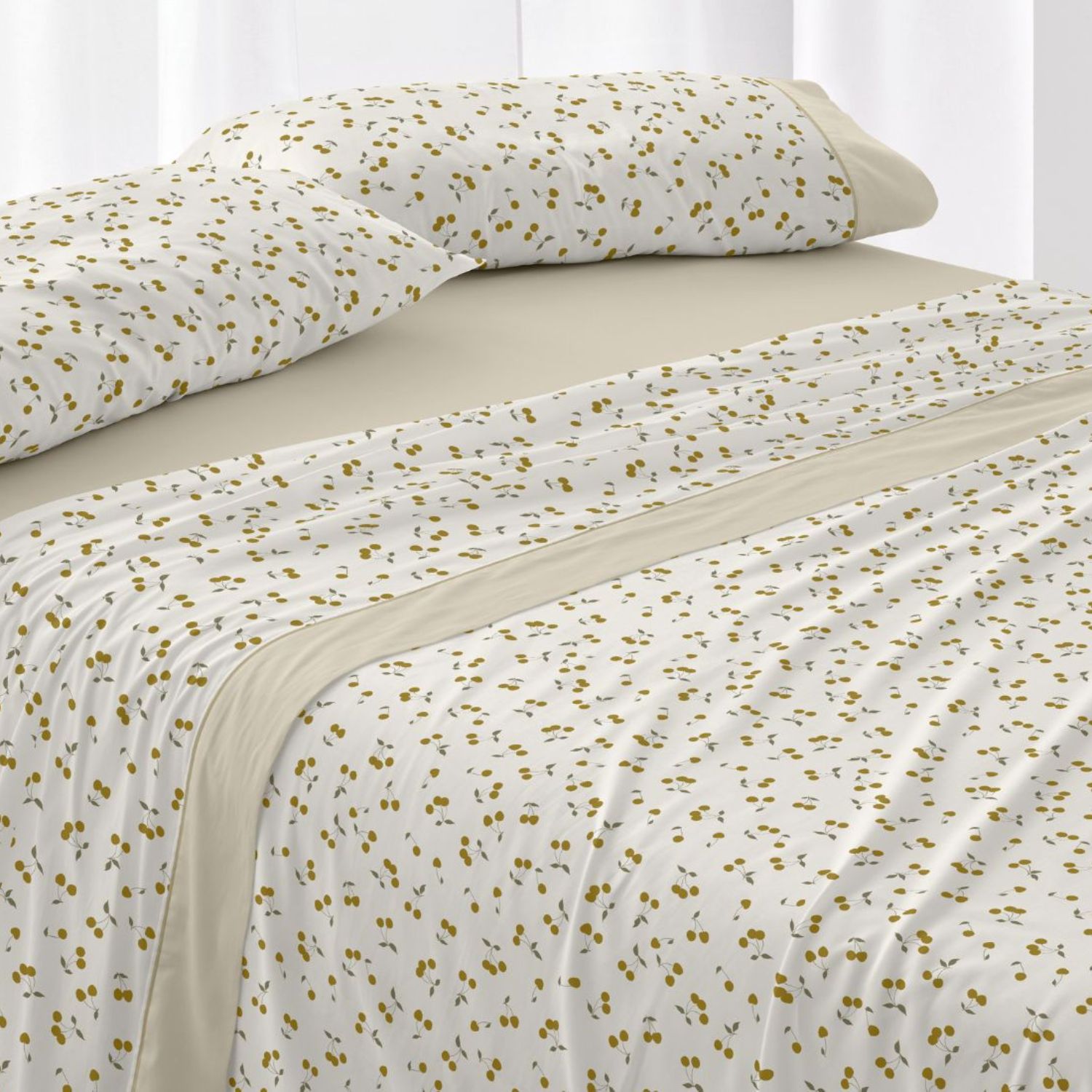 Juego Sábanas BURRITO BLANCO 50% Algodón Diseño Cerecitas Azul - Tacto Suave, Fácil Planchado, Alta Durabilidad - Cama 90-200cm