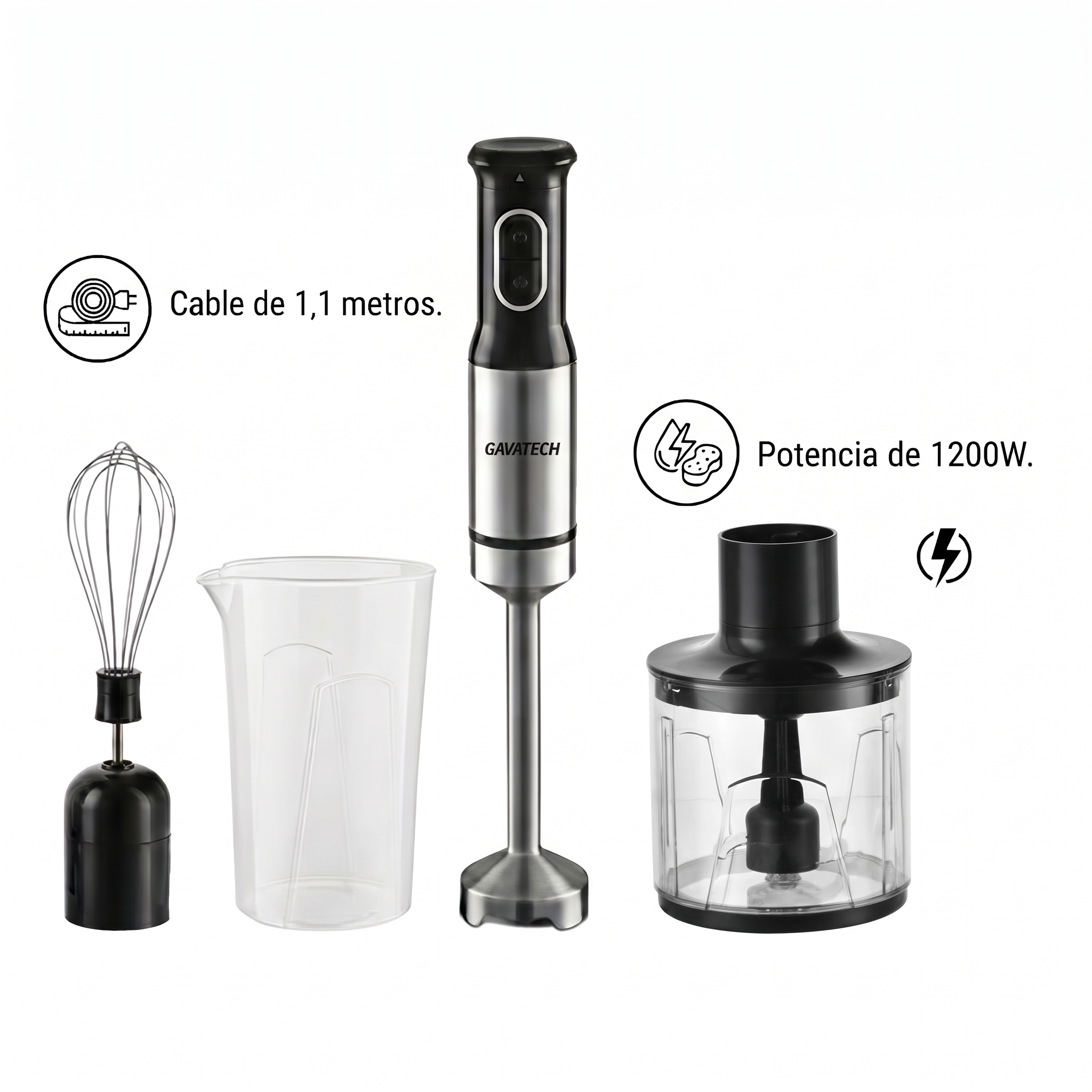 GAVATECH Batidora de Mano 1200W – Kit 3 en 1 con Picadora de 350ml, Varilla Batidora y 4 Cuchillas de Titanio. Cable 1.1m