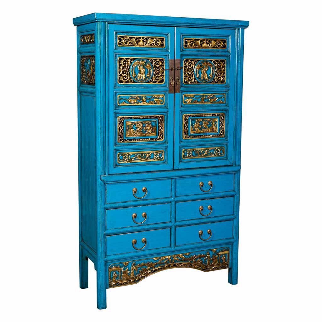 WANDERLUST DECO Armario de Madera Pintado a Mano - 100x43x170h Cm - Diseño Artesanal en Tono Azul
