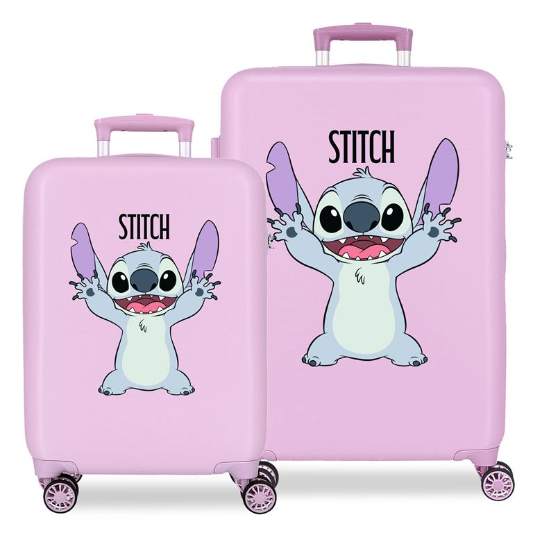 Juego de maletas Stitch Playful  compuesto por una maleta de cabina de 40 x 55 x 20 cm con 37L y 2,8 kg y una maleta grande de 48 x 70 x 28 cm de 79L y 4,0 kg. Fabricadas en ABS, un material resistente y ligero.