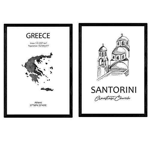 Nacnic - Pack de Posters de Países y Monumentos - Mapa Grecia y Monumento Santorini - Marcos de Fotos y Arte de Pared