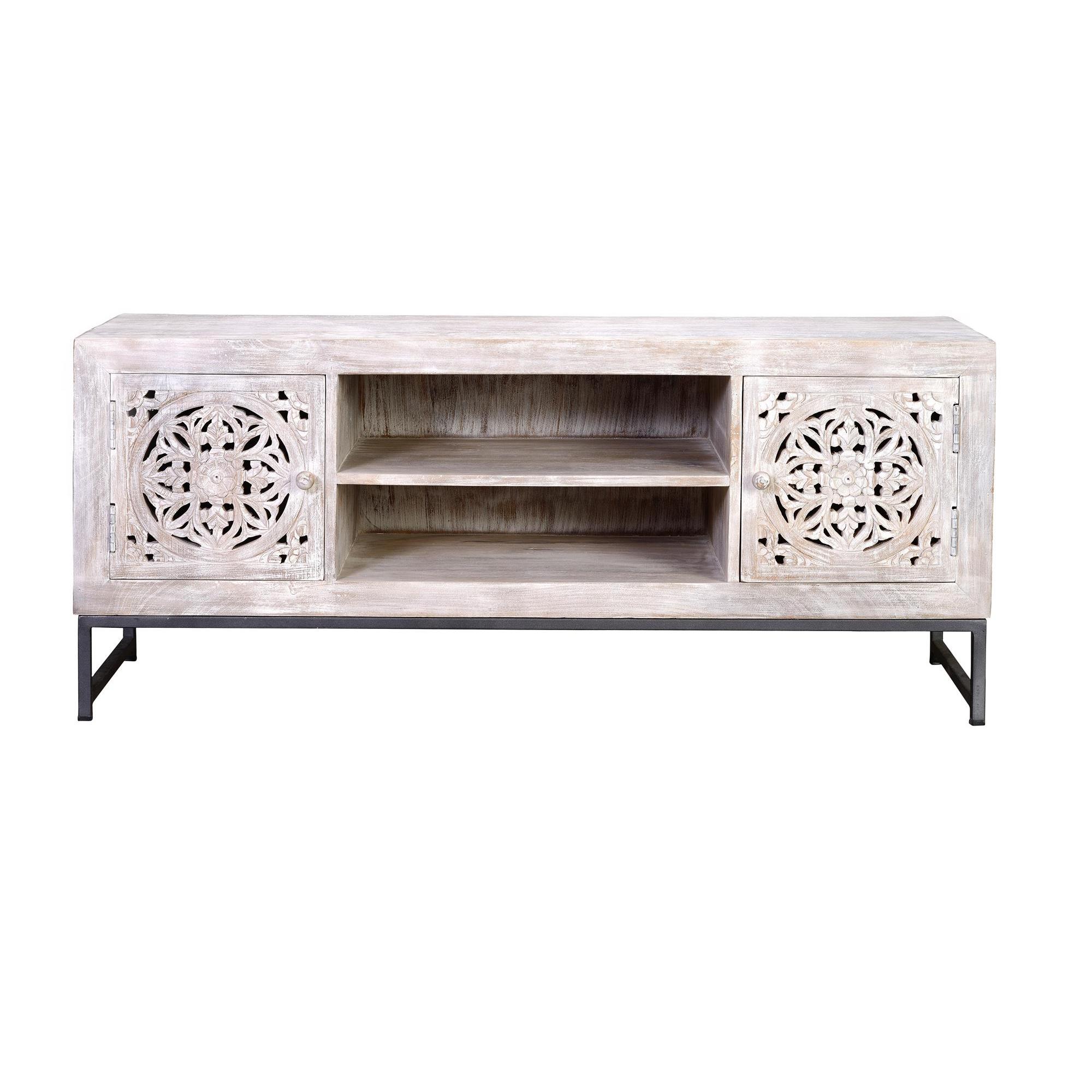 Mueble TV madera de mango y patas de metal blanco envejecido