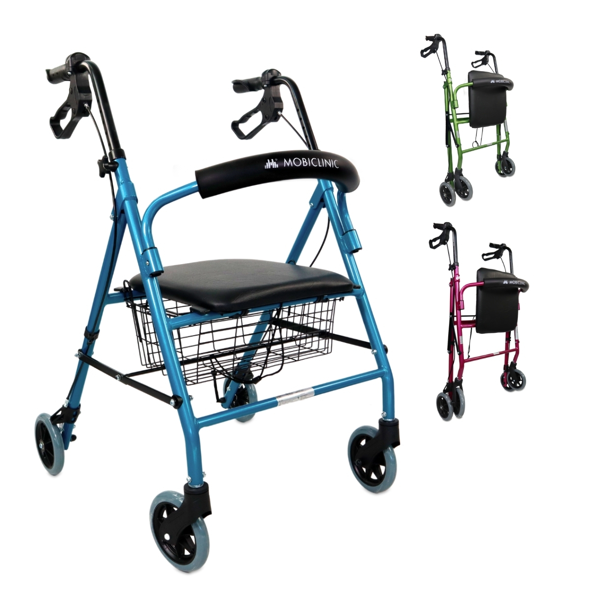 Mobiclinic® Andador para ancianos Escorial Plegable Frenos manuales y bloqueables Aluminio Con cesta Ligero y resistente Con asiento y 4 ruedas Burdeos